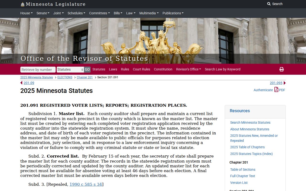 Minnesota Statutes section 201.091 governing voter-list use for a Ramsey County block