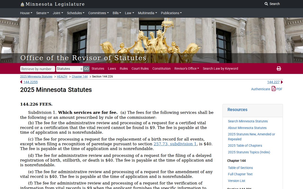 Ramsey County previous residents reference to Minnesota Statutes section 144.226