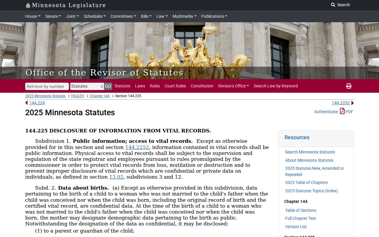 Ramsey County previous residents vital-record access reference under Minnesota Statutes section 144.225