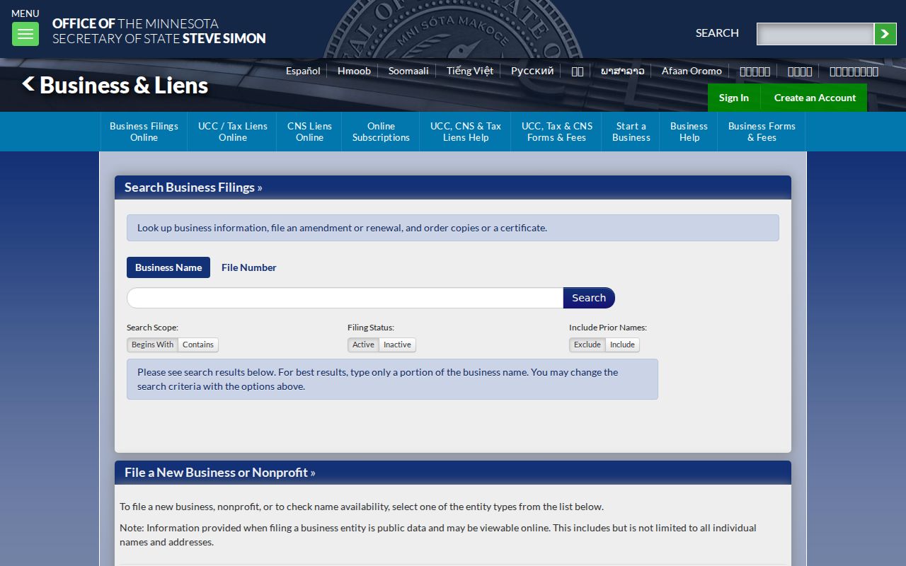 Minnesota Secretary of State business search for confirming a public entity affiliation